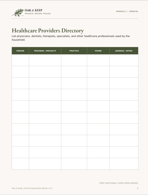 Healthcare providers directory worksheet from the Family Organization Binder